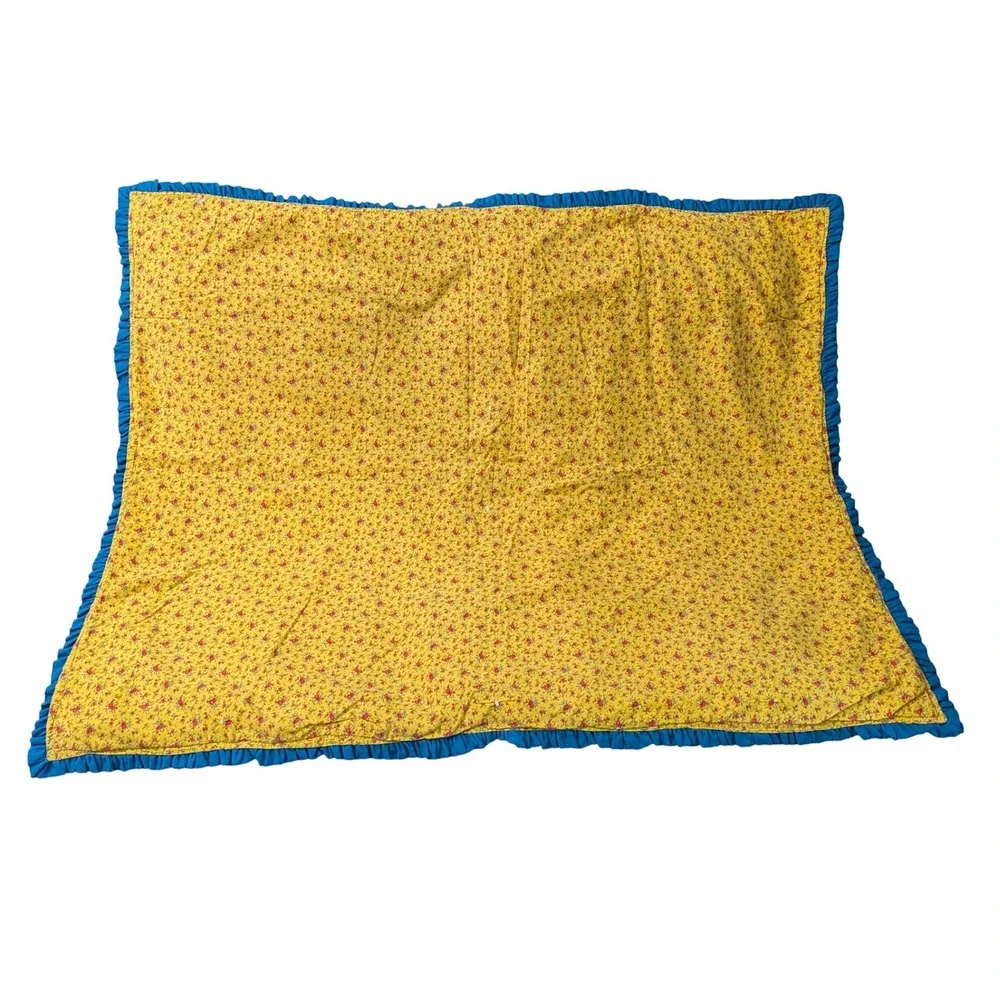 Vintage Retro Handmade Tied Quilt Yellow Floral Red Blue Ruffle Lace Trim Throw